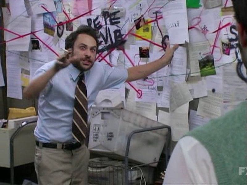 Charlie from It's Always Sunny in front of a conspiracy board, explaining Pepe Silvia